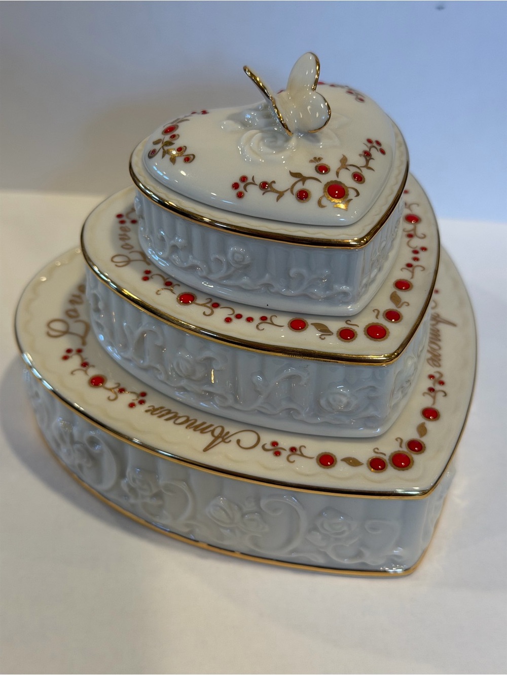Lenox Jewel Ceramic Heart Stackable Trinket Boxes with Red and Gold Accents
